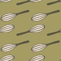 Simple abstract kitchen tools seamless pattern with corolla ornament. Olive pale tones background