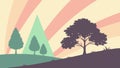 A simple, abstract landscape with a tree silhouette and radiating sun rays, vector design Generative AI Royalty Free Stock Photo