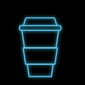 A simple abstract neon bright glowing blue icon flashing out of hot delicious coffee in a thermocup, paper cup for carrying out