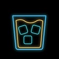 A simple abstract neon bright glowing glowing blue icon, a signboard for a bar of whiskey with ice in a glass and copy space Royalty Free Stock Photo