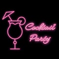 A simple abstract neon bright glowing flashing pink purple icon, a sign for the bar from a cocktail in a glass and the inscription Royalty Free Stock Photo