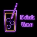 A simple abstract neon bright glowing glowing blue violet icon, a sign for the bar of a cocktail with ice in a glass with a straw Royalty Free Stock Photo