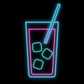 A simple abstract neon bright glowing glowing blue violet icon, a sign for the bar of a cocktail with ice in a tall glass with a Royalty Free Stock Photo