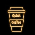 A simple abstract neon bright glowing yellow icon flashing, a signboard of hot coffee in a thermocup, paper cup, quick coffee