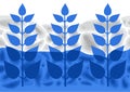 Simple abstract pattern of blue colored styized ethnic branches with leaves over the soft formless structures