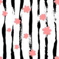 Simple abstract seamless brush pattern with pink sakura flowers on dry brush steams Royalty Free Stock Photo