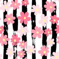 Simple abstract seamless brush pattern with pink sakura flowers on dry brush steams Royalty Free Stock Photo