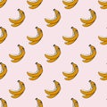 Simple abstract and seamless pattern, bananas in yellow and sienna colors, black stroke, pale pink background Royalty Free Stock Photo