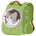 Simple and adorable illustration of grey tabby cat in a backpack carrier flat colored