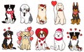 Simple and adorable Valentine\'s Day illustrations of friendly big dogs outlined