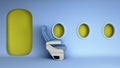Simple Airplane travel concept empty passenger seat in a minimalistic blue airplane cabin 3d render image