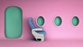 Simple Airplane travel concept empty passenger seat in a minimalistic pinck airplane cabin 3d render image