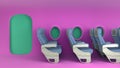 Simple Airplane travel concept empty passenger seats in a minimalistic color airplane cabin 3d render image