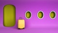 Simple Airplane travel concept yellow suitcase in a minimalistic color airplane cabin 3d render image