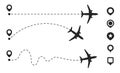 Simple airplane travel line path with map pins. Airplane dashed route path
