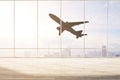 Simple airport interior with flying airplane seen through panoramic window with city view and daylight. Take off, travel and