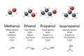 Simple alcoholic compounds, molecular models and formulas Royalty Free Stock Photo