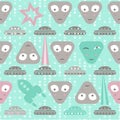 Simple aliens and UFO in vintage style, vector seamless pattern Royalty Free Stock Photo