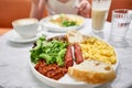 Simple American style Breakfast with sausages, scrambled eggs, baked beans, mushrooms and tomatoes. This dish is full of Royalty Free Stock Photo