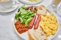 Simple American style Breakfast with sausages, scrambled eggs, baked beans, mushrooms and tomatoes. This dish is full of Royalty Free Stock Photo