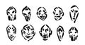 Simple ancient stone masks collection. Hand drawn human and alien face prints graphic vector illustration, black isolated on white