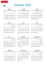 Simple annual 2022 year wall and book calendar. Indonesian language. Week starts on Monday. Sunday highlighted. With indonesia Royalty Free Stock Photo