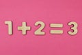 Simple arithmetic for children. One plus two - three on a bright pink background Royalty Free Stock Photo