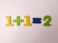 Simple arithmetic equation using colored educational figures, showing that one plus one equals two Royalty Free Stock Photo