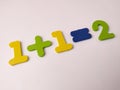 Simple arithmetic equation using colored educational figures, showing that one plus one equals two Royalty Free Stock Photo