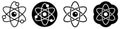 Simple atom sign - three interlocked ellipses representing orbits with smaller ball in centre, black and white version