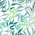 Simple background of branches with green leaves on white. Drawn botanical texture. Seamless ornament for fabric, tiles and paper Royalty Free Stock Photo