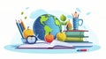 Simple background illustration, vector illustration. Back the school theme. Background with books, globe and fruit. Royalty Free Stock Photo