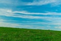 Simple background nature landscape photography of idyllic green grass field horizon line scenic view with blue sky background Royalty Free Stock Photo