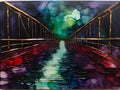 A simple beautiful bridge with vibrant dark colors, alcohol ink, translucent, encaustic, wallart