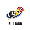 Simple billiards logo template illustration with billiard balls and sticks,