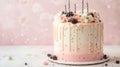 Simple birthday cake with minimalistic decoration, pastel background . Royalty Free Stock Photo