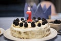 Simple birthday cake for one year old baby party, with berries and red candle Royalty Free Stock Photo