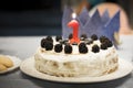 Simple birthday cake for one year old baby party, with berries and red candle Royalty Free Stock Photo