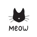 Simple black cat head silhouette with modern hand-drawn lettering MEOW