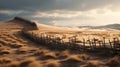 Moody Landscape: Desert Dune With Stone Fence On English Moors