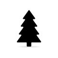 Simple black flat Christmas tree vector icon isolated with shadow; fir tree graphic symbol; sign for Christmas and New Year