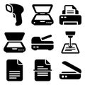 Simple black glyph icon set of office equipment including scanner printer and document Royalty Free Stock Photo
