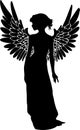 simple black graphic drawing of woman silhouette with wings, logo Royalty Free Stock Photo