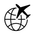 Simple black graphics of planes with earth, global transport aviation icons