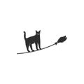 Simple black icon of cute cat on broom.