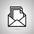 Simple black icon of open envelope with pile documents inside on light background Royalty Free Stock Photo