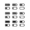 Simple black icons of batteries with different charge level isolated on white