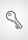 A simple black outline of a classic key is centered on a plain white background. The Royalty Free Stock Photo