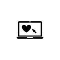 Simple black vector icon of a laptop with a heart and cursor on screen. Royalty Free Stock Photo