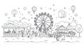 Amusement Park Fun Fair Scene with Ferris Wheel, Hot Air Balloons, and Happy People Royalty Free Stock Photo